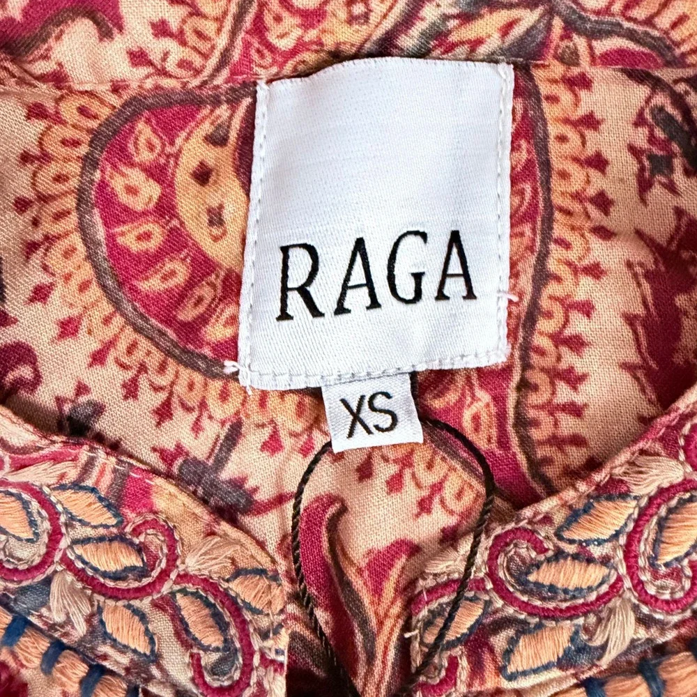 NEW RAGA Naya Embroidered Paisley Midi Dress Beige Red Boho Tiered XS